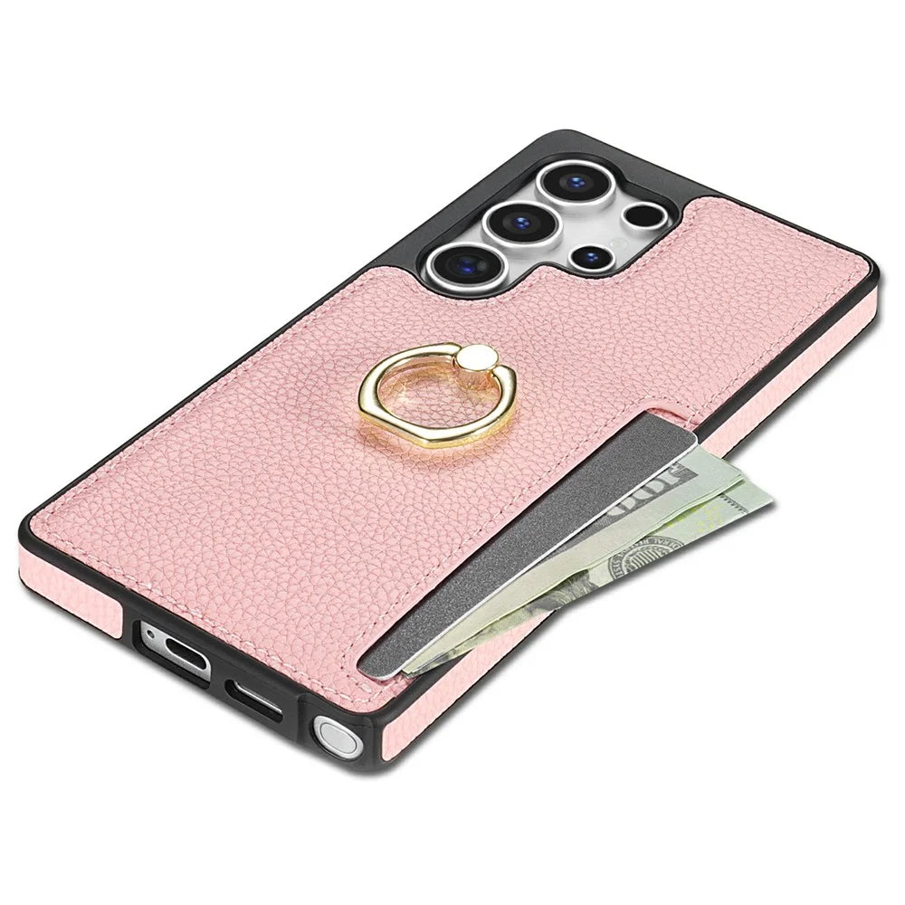 For Samsung Galaxy S26 Ultra Case Ring Kickstand PU + TPU Card Holder Phone Cover - Pink - 3