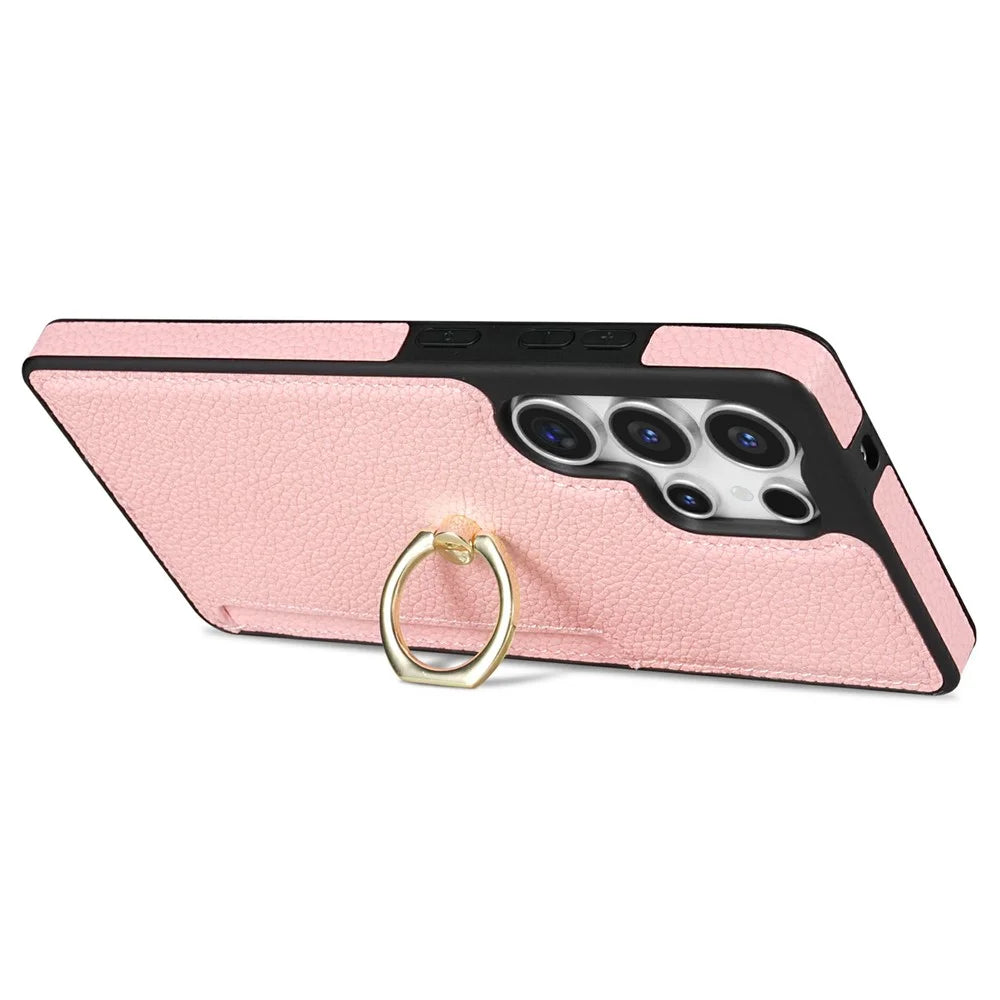 For Samsung Galaxy S26 Ultra Case Ring Kickstand PU + TPU Card Holder Phone Cover - Pink - 4