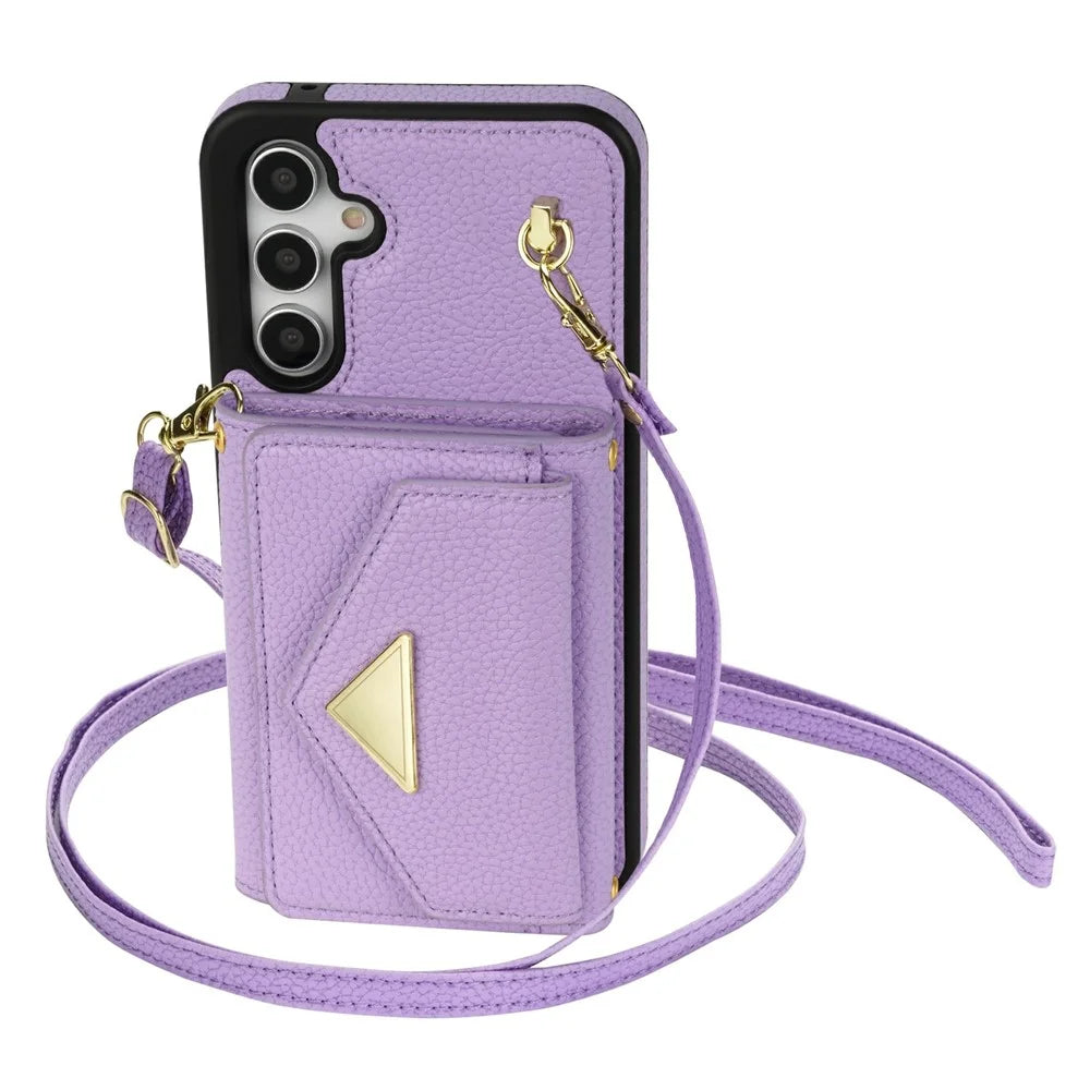 For Samsung Galaxy S26 Case Card Slots PU+TPU Cell Phone Cover with Long Strap - Purple - 5