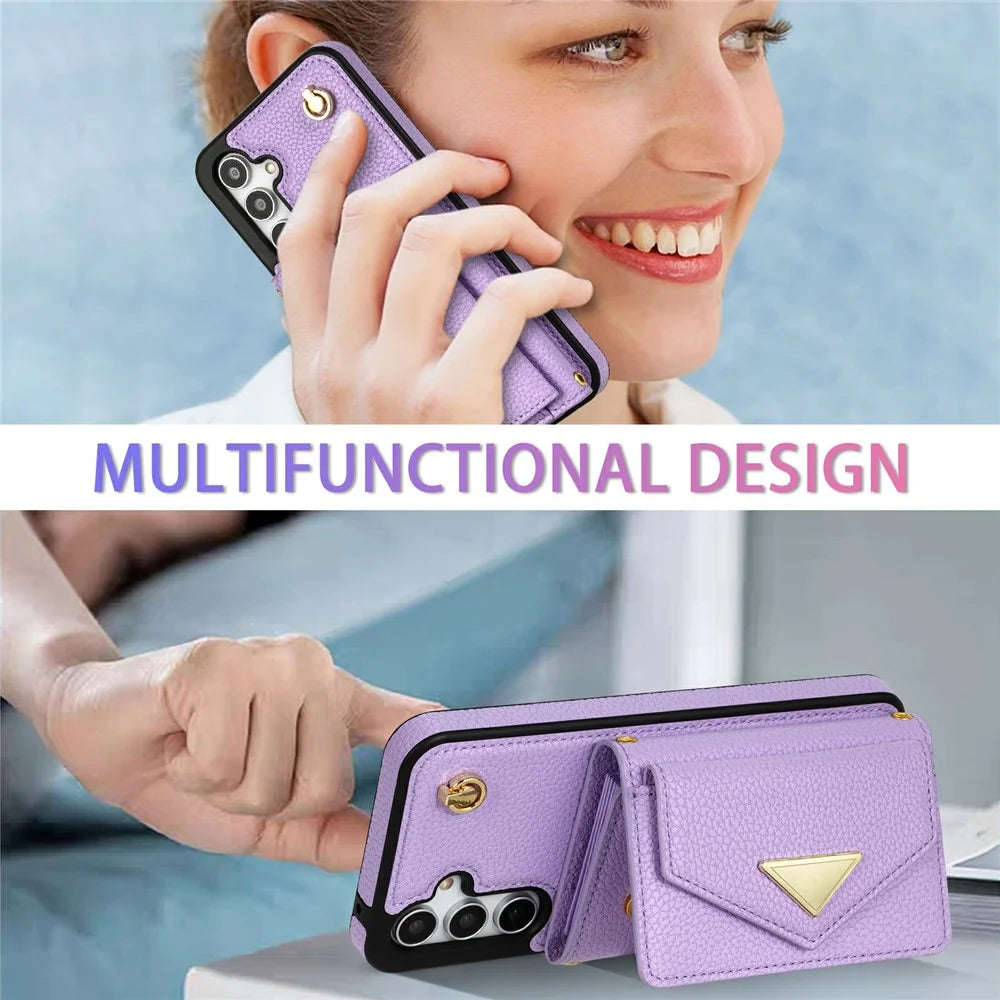 For Samsung Galaxy S26 Case Card Slots PU+TPU Cell Phone Cover with Long Strap - Purple - 6
