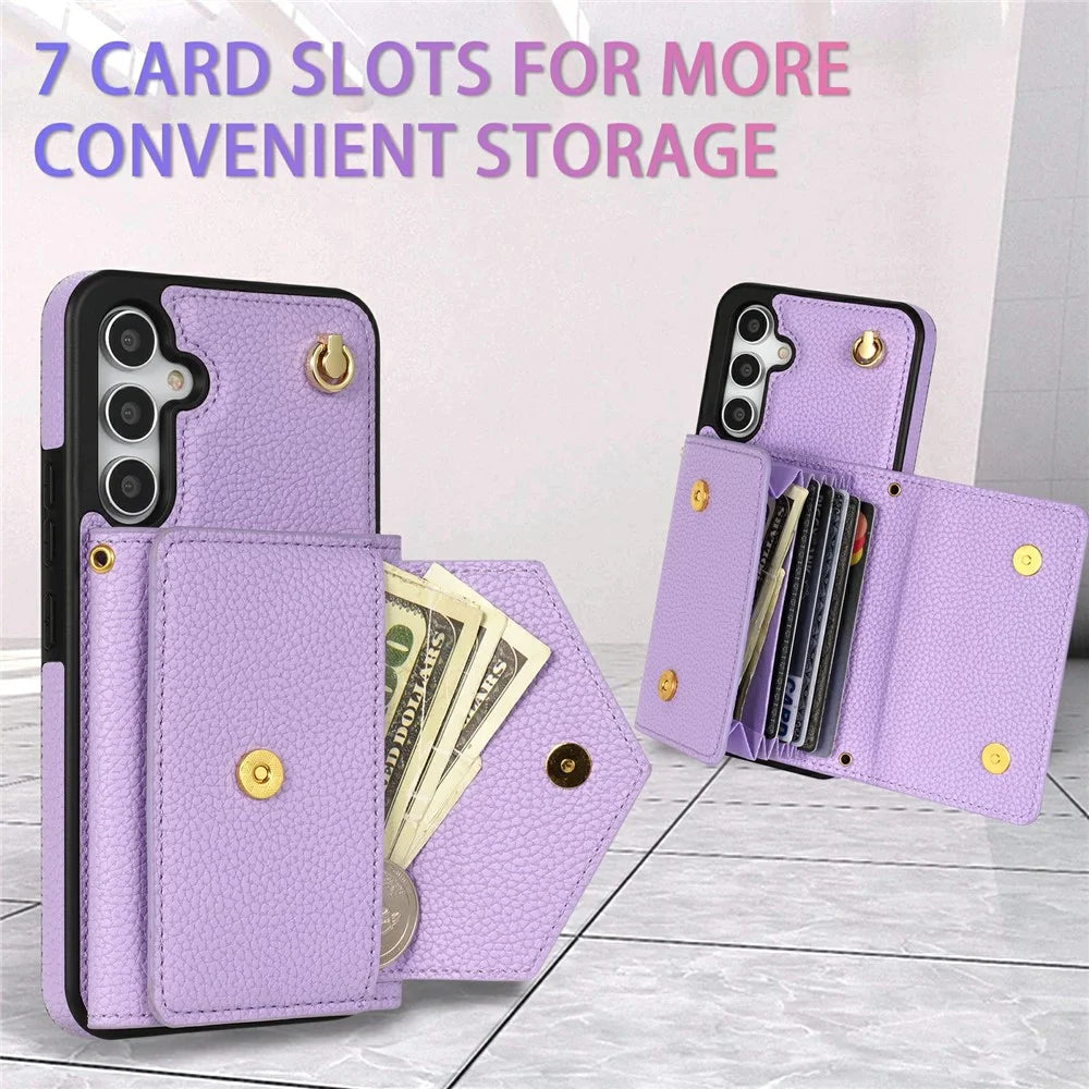 For Samsung Galaxy S26 Case Card Slots PU+TPU Cell Phone Cover with Long Strap - Purple - 7