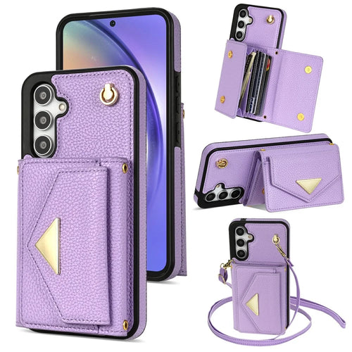 For Samsung Galaxy S26+ Case Card Slots PU+TPU Cell Phone Cover with Long Strap - Purple - 1