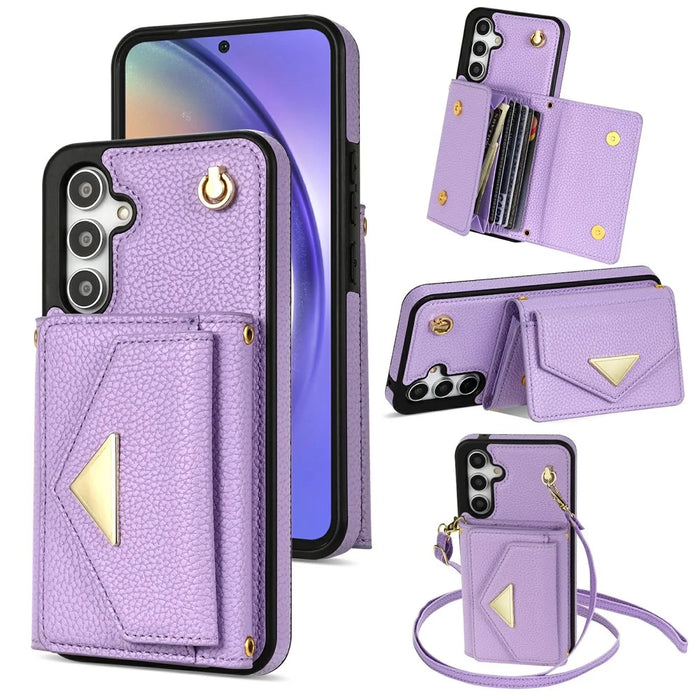 For Samsung Galaxy S26+ Case Card Slots PU+TPU Cell Phone Cover with Long Strap - Purple - 1