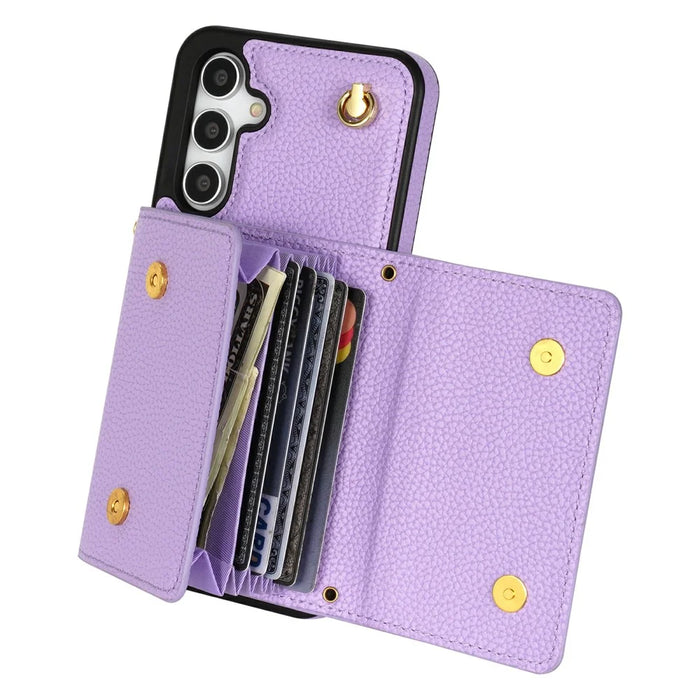 For Samsung Galaxy S26+ Case Card Slots PU+TPU Cell Phone Cover with Long Strap - Purple - 2