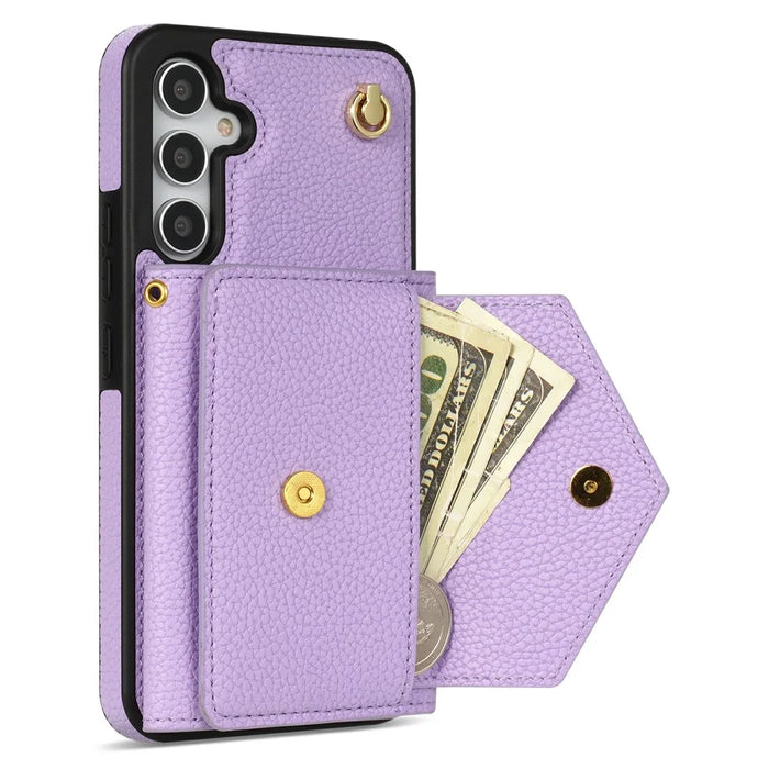 For Samsung Galaxy S26+ Case Card Slots PU+TPU Cell Phone Cover with Long Strap - Purple - 3