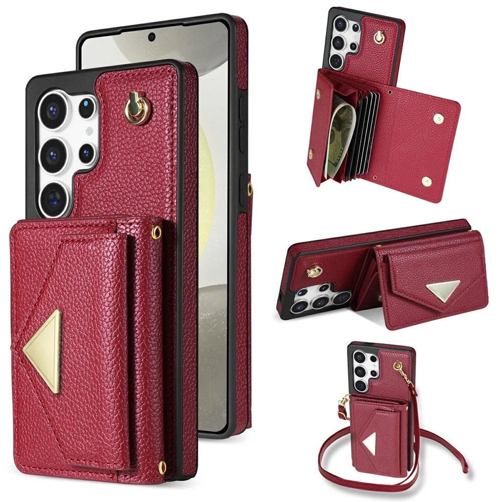 For Samsung Galaxy S26 Ultra Case Card Slots PU+TPU Cell Phone Cover with Long Strap - Wine Red - 1