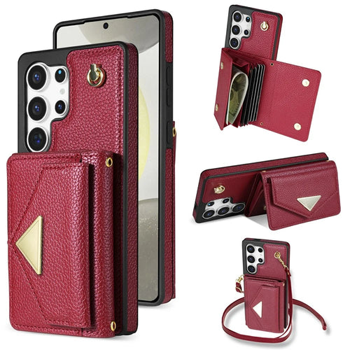 For Samsung Galaxy S26 Ultra Case Card Slots PU+TPU Cell Phone Cover with Long Strap - Wine Red - 1