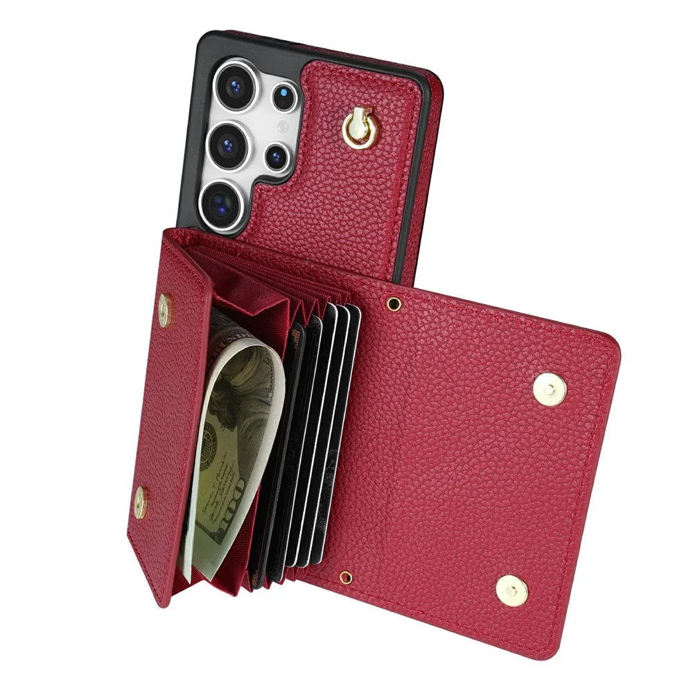 For Samsung Galaxy S26 Ultra Case Card Slots PU+TPU Cell Phone Cover with Long Strap - Wine Red - 2