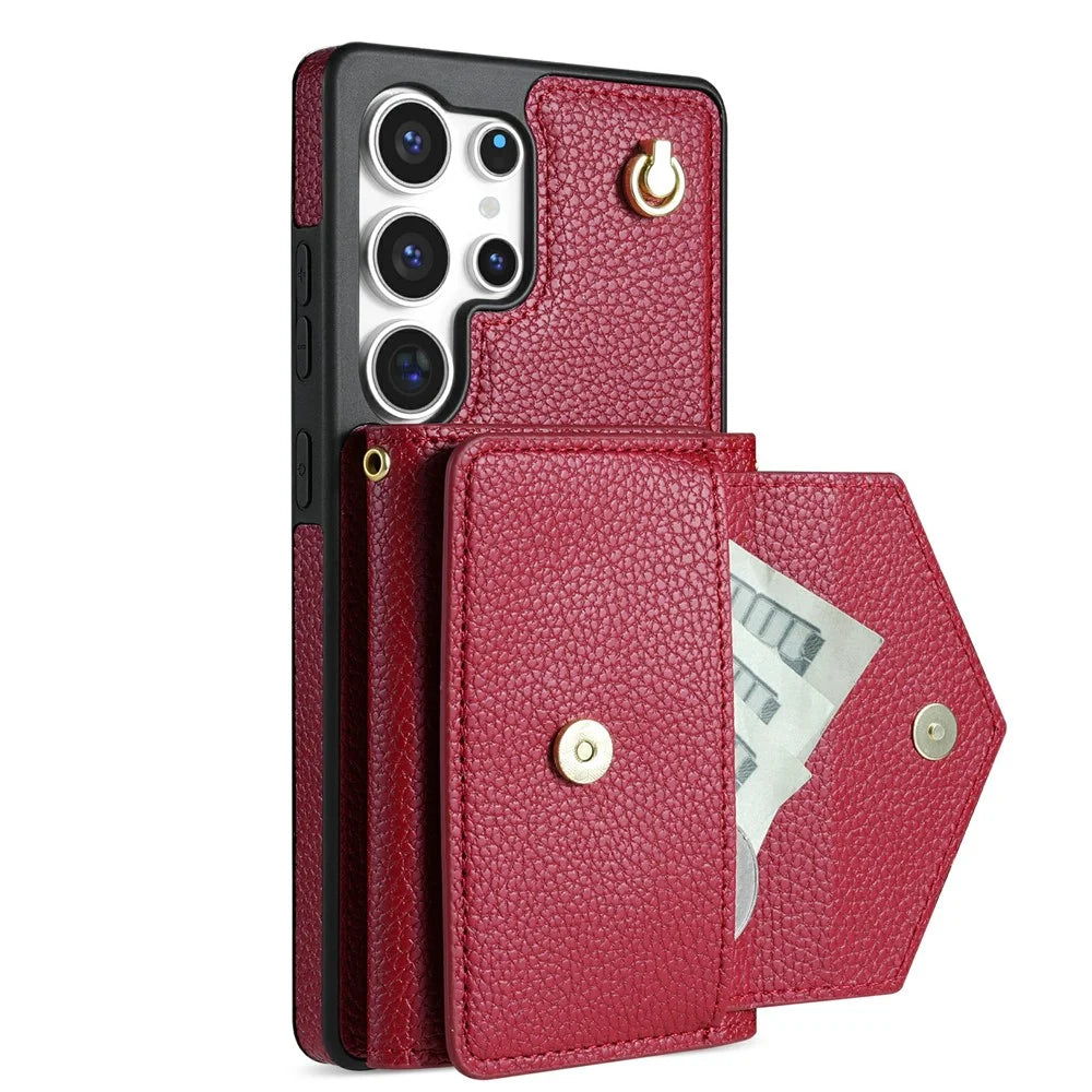 For Samsung Galaxy S26 Ultra Case Card Slots PU+TPU Cell Phone Cover with Long Strap - Wine Red - 3
