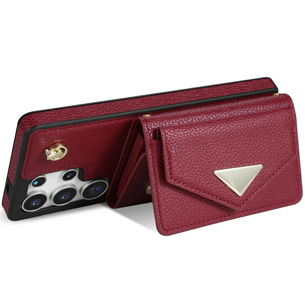 For Samsung Galaxy S26 Ultra Case Card Slots PU+TPU Cell Phone Cover with Long Strap - Wine Red - 4