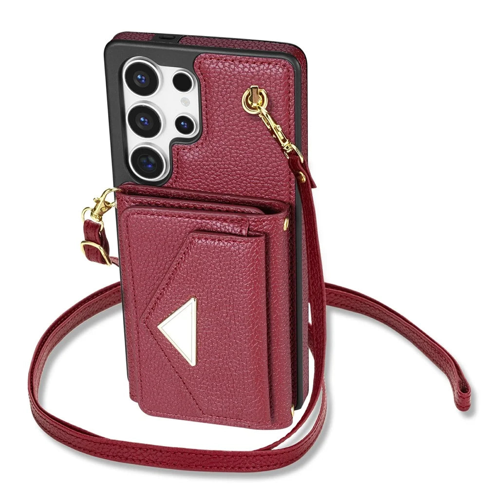 For Samsung Galaxy S26 Ultra Case Card Slots PU+TPU Cell Phone Cover with Long Strap - Wine Red - 5