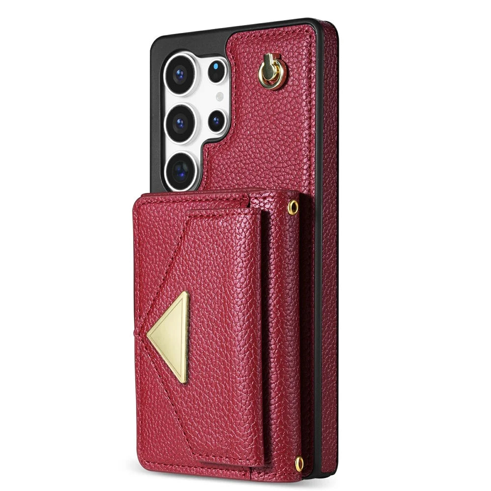 For Samsung Galaxy S26 Ultra Case Card Slots PU+TPU Cell Phone Cover with Long Strap - Wine Red - 7