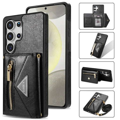 N.BEKUS For Samsung Galaxy S26 Ultra Leather Zipper Case Card Holder Phone Cover with Shoulder Strap - Black - 1