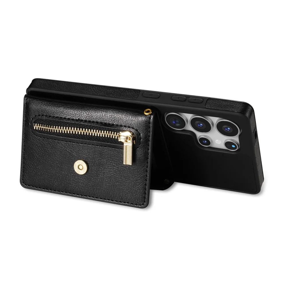 N.BEKUS For Samsung Galaxy S26 Ultra Leather Zipper Case Card Holder Phone Cover with Shoulder Strap - Black - 3