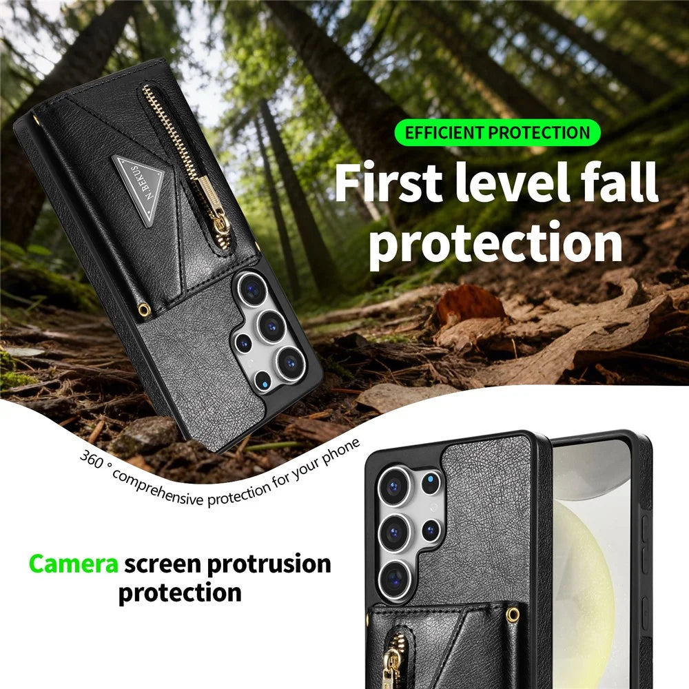 N.BEKUS For Samsung Galaxy S26 Ultra Leather Zipper Case Card Holder Phone Cover with Shoulder Strap - Black - 5