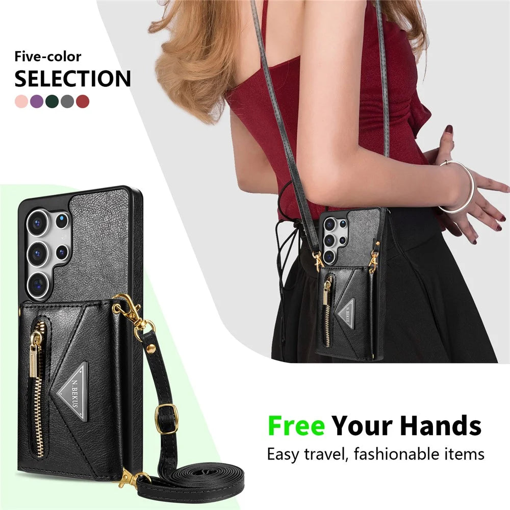 N.BEKUS For Samsung Galaxy S26 Ultra Leather Zipper Case Card Holder Phone Cover with Shoulder Strap - Black - 7