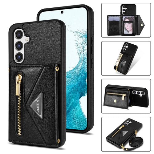 N.BEKUS For Samsung Galaxy S26 Leather Zipper Case Card Holder Phone Cover with Shoulder Strap - Black - 1
