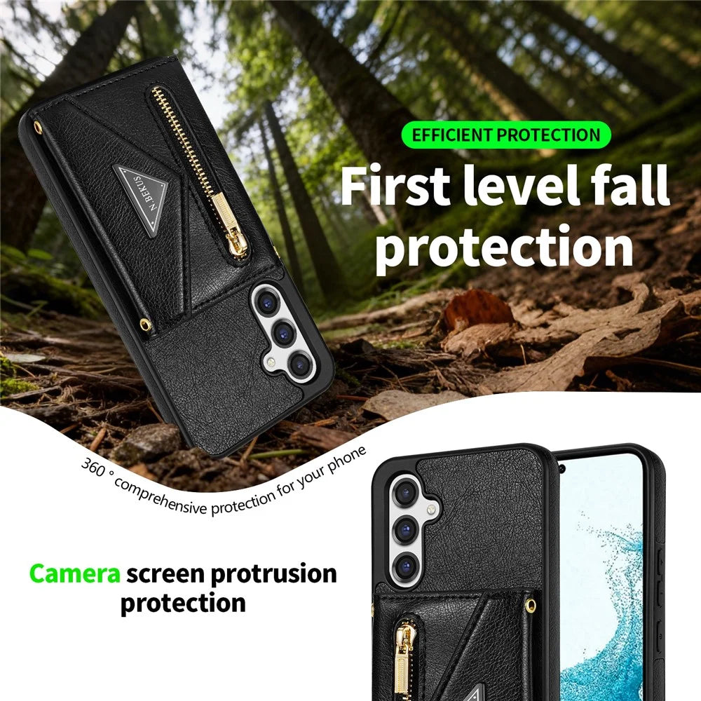 N.BEKUS For Samsung Galaxy S26 Leather Zipper Case Card Holder Phone Cover with Shoulder Strap - Black - 7