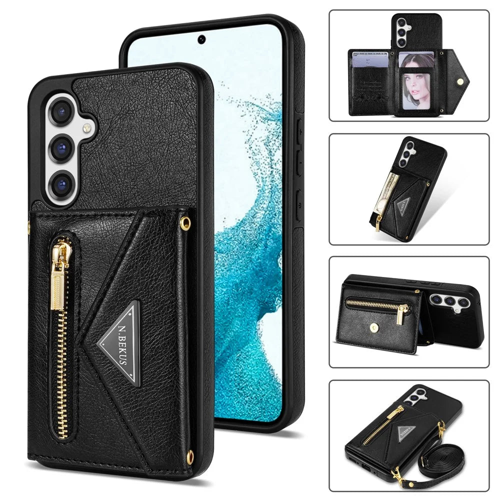 N.BEKUS For Samsung Galaxy S26+ Leather Zipper Case Card Holder Phone Cover with Shoulder Strap - Black - 1