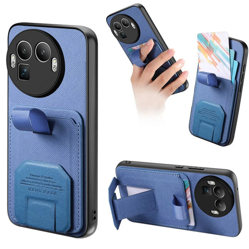 For Realme GT 8 Pro 5G Case Cloth Texture TPU PU Leather PC Phone Back Cover with Card Holder Kickstand - Blue - 1