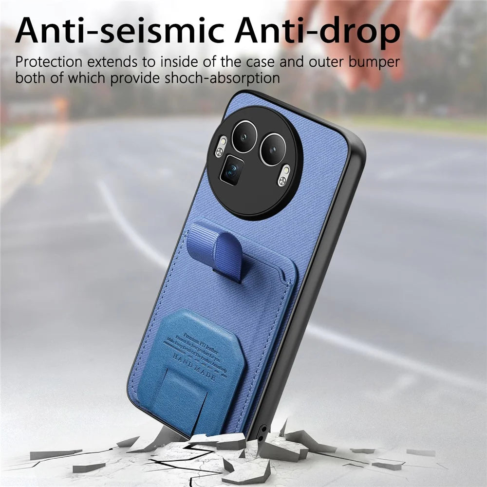 For Realme GT 8 Pro 5G Case Cloth Texture TPU PU Leather PC Phone Back Cover with Card Holder Kickstand - Blue - 6
