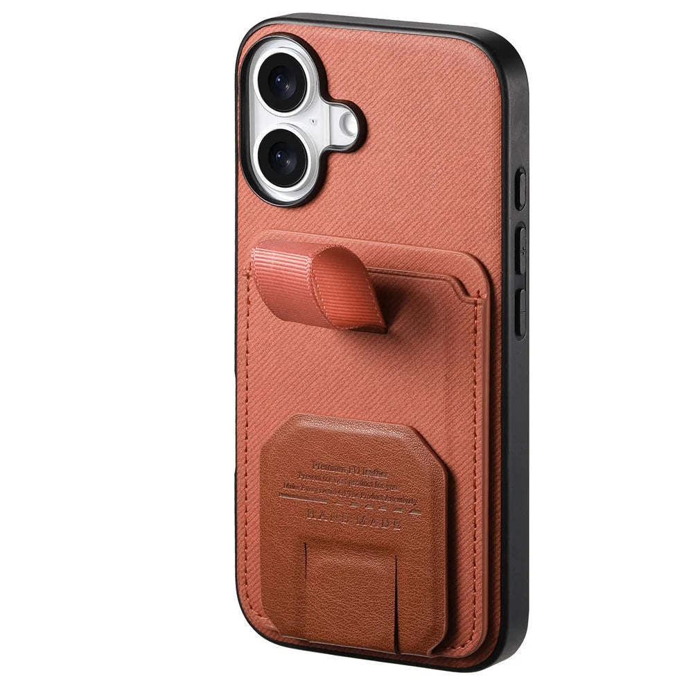 For iPhone 16 Case Cloth Texture TPU PU Leather PC Phone Back Cover with Card Holder Kickstand - Brown - 2