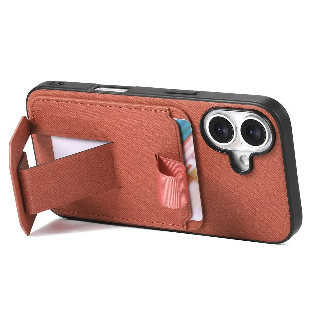 For iPhone 16 Case Cloth Texture TPU PU Leather PC Phone Back Cover with Card Holder Kickstand - Brown - 3