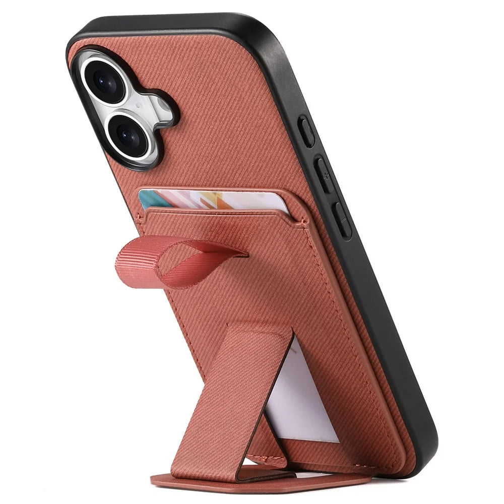 For iPhone 16 Case Cloth Texture TPU PU Leather PC Phone Back Cover with Card Holder Kickstand - Brown - 4