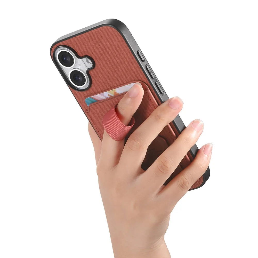 For iPhone 16 Case Cloth Texture TPU PU Leather PC Phone Back Cover with Card Holder Kickstand - Brown - 5