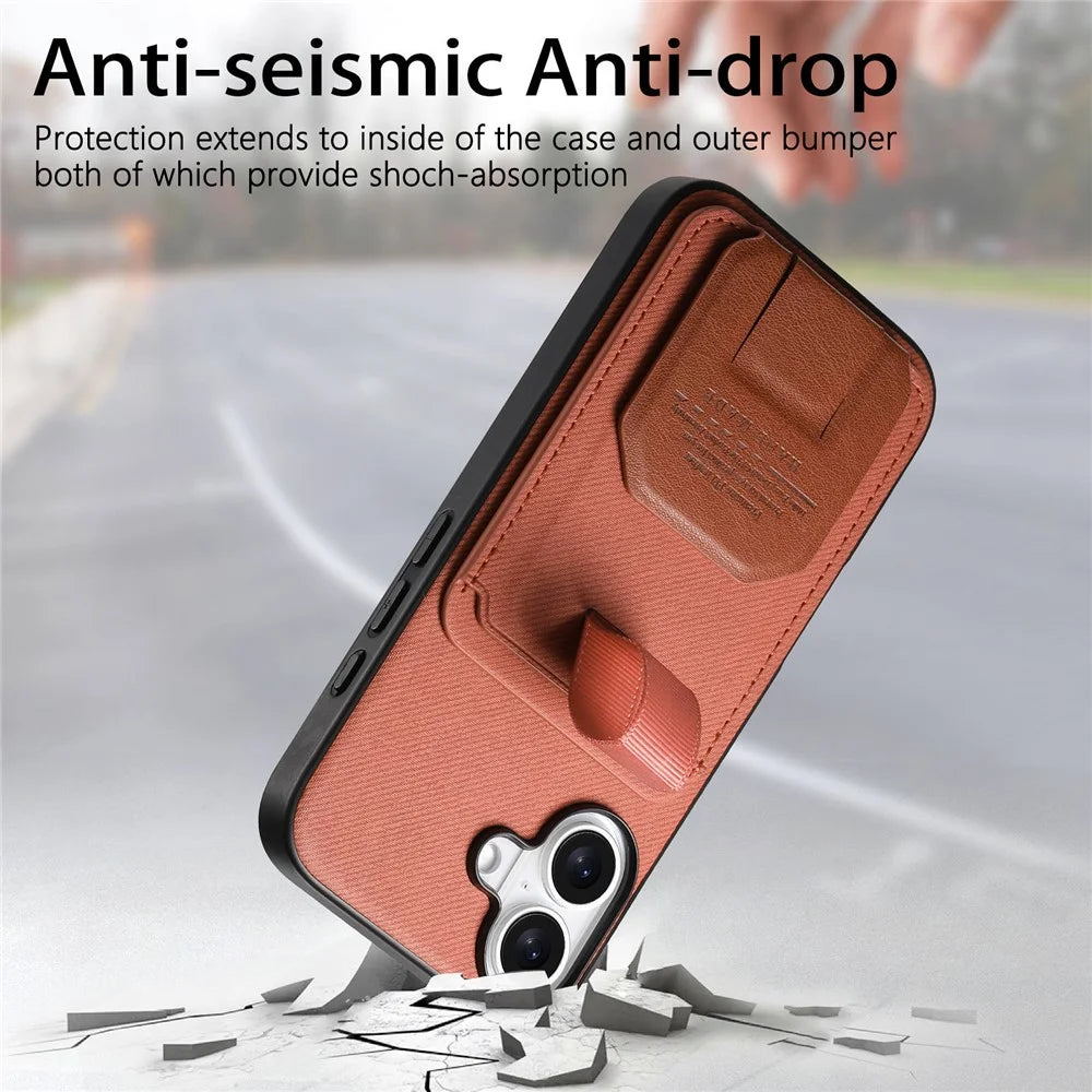 For iPhone 16 Case Cloth Texture TPU PU Leather PC Phone Back Cover with Card Holder Kickstand - Brown - 6