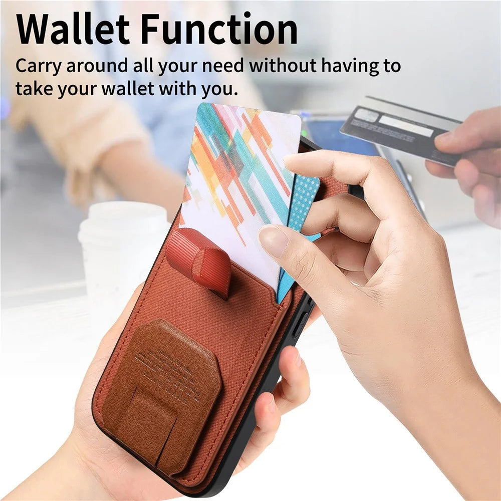 For iPhone 16 Case Cloth Texture TPU PU Leather PC Phone Back Cover with Card Holder Kickstand - Brown - 7