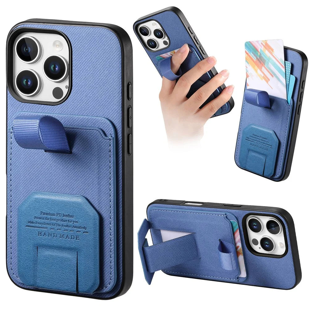For iPhone 16 Pro Case Cloth Texture TPU PU Leather PC Phone Back Cover with Card Holder Kickstand - Blue - 1