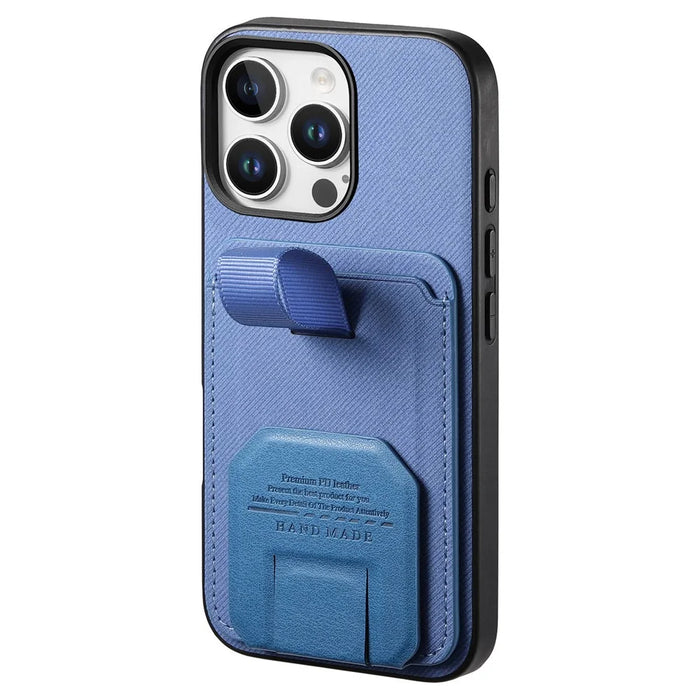 For iPhone 16 Pro Case Cloth Texture TPU PU Leather PC Phone Back Cover with Card Holder Kickstand - Blue - 2