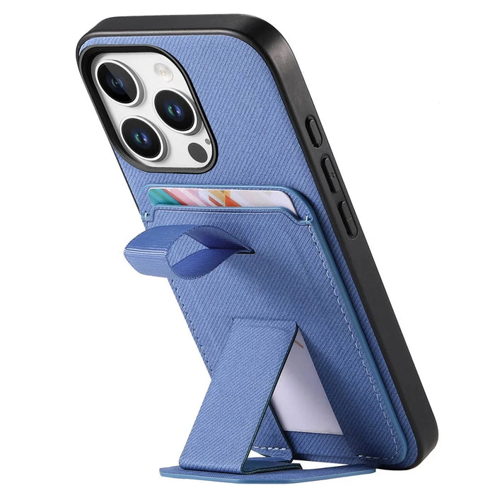 For iPhone 16 Pro Case Cloth Texture TPU PU Leather PC Phone Back Cover with Card Holder Kickstand - Blue - 5