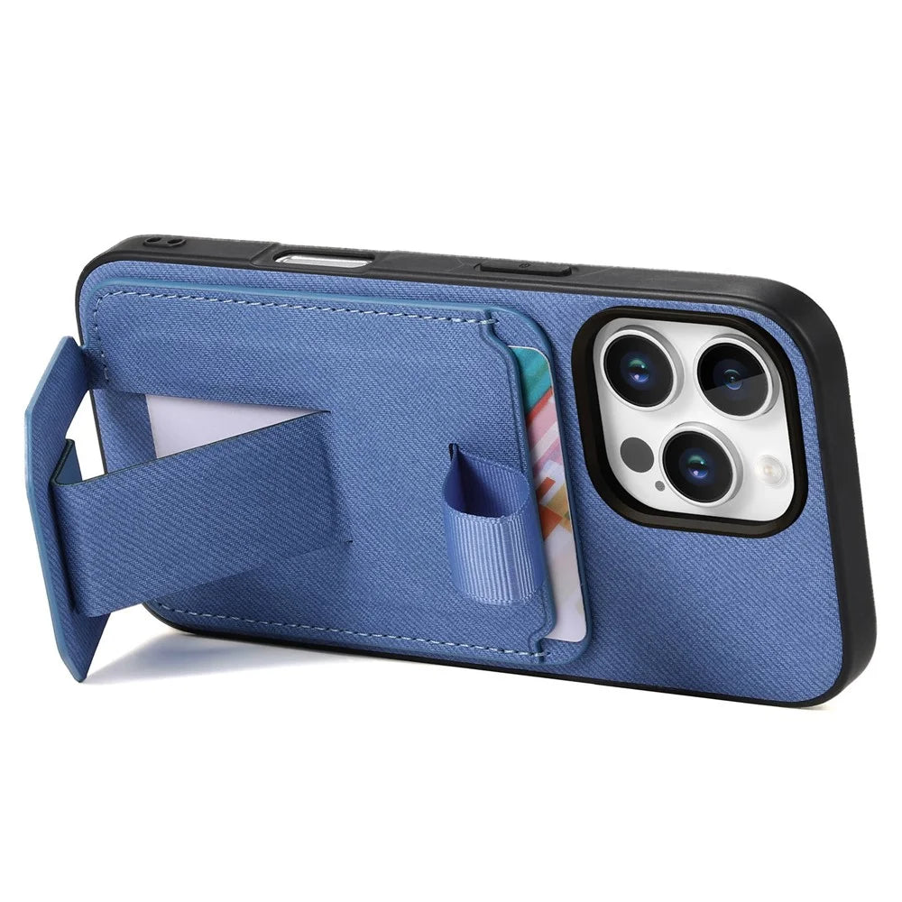 For iPhone 16 Pro Max Case Cloth Texture TPU PU Leather PC Phone Back Cover with Card Holder Kickstand - Blue - 4