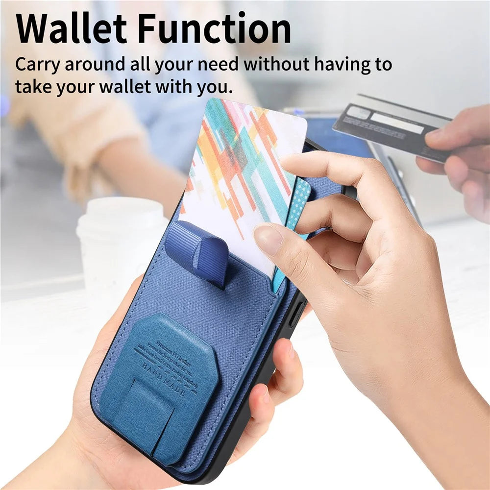 For iPhone 16 Pro Max Case Cloth Texture TPU PU Leather PC Phone Back Cover with Card Holder Kickstand - Blue - 7