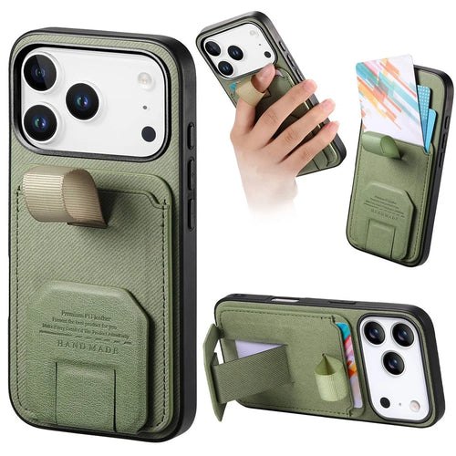 For iPhone 17 Pro Case Cloth Texture TPU PU Leather PC Phone Back Cover with Card Holder Kickstand - Green - 1