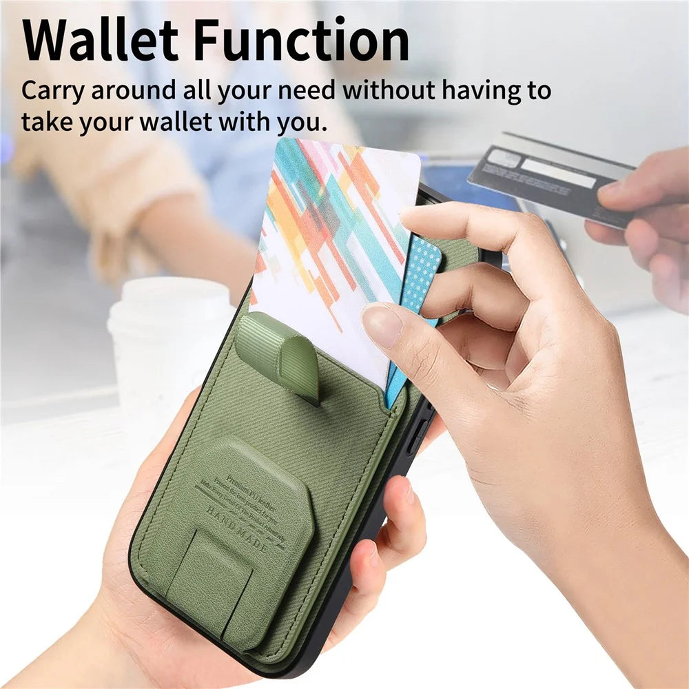 For iPhone 17 Pro Case Cloth Texture TPU PU Leather PC Phone Back Cover with Card Holder Kickstand - Green - 7