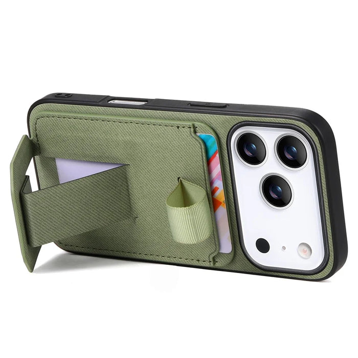 For iPhone 17 Pro Max Case Cloth Texture TPU PU Leather PC Phone Back Cover with Card Holder Kickstand - Green - 4