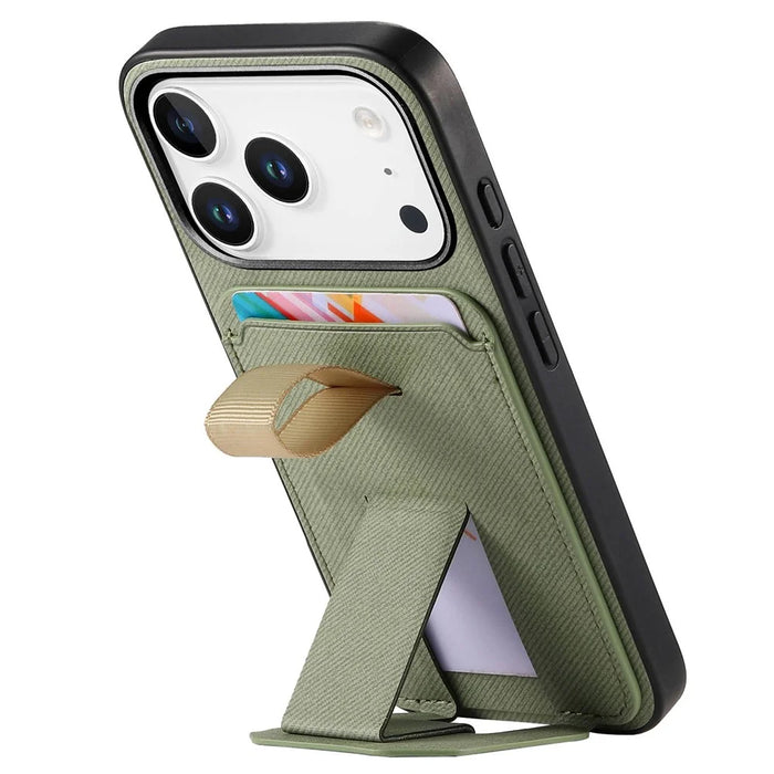 For iPhone 17 Pro Max Case Cloth Texture TPU PU Leather PC Phone Back Cover with Card Holder Kickstand - Green - 5