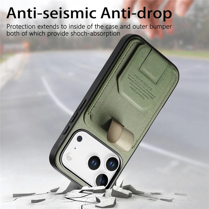 For iPhone 17 Pro Max Case Cloth Texture TPU PU Leather PC Phone Back Cover with Card Holder Kickstand - Green - 6
