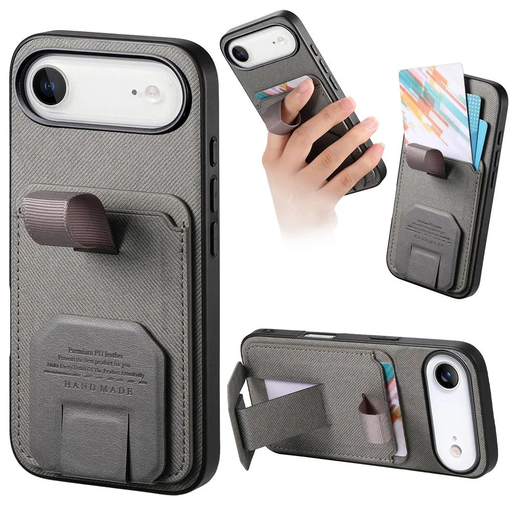 For iPhone Air Case Cloth Texture TPU PU Leather PC Phone Back Cover with Card Holder Kickstand - Grey - 1