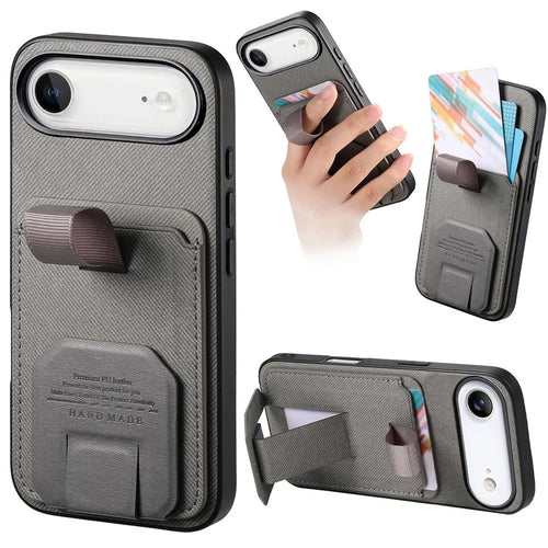 For iPhone Air Case Cloth Texture TPU PU Leather PC Phone Back Cover with Card Holder Kickstand - Grey - 1