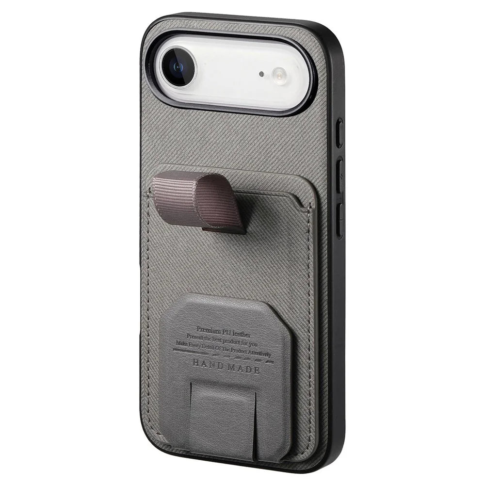 For iPhone Air Case Cloth Texture TPU PU Leather PC Phone Back Cover with Card Holder Kickstand - Grey - 2
