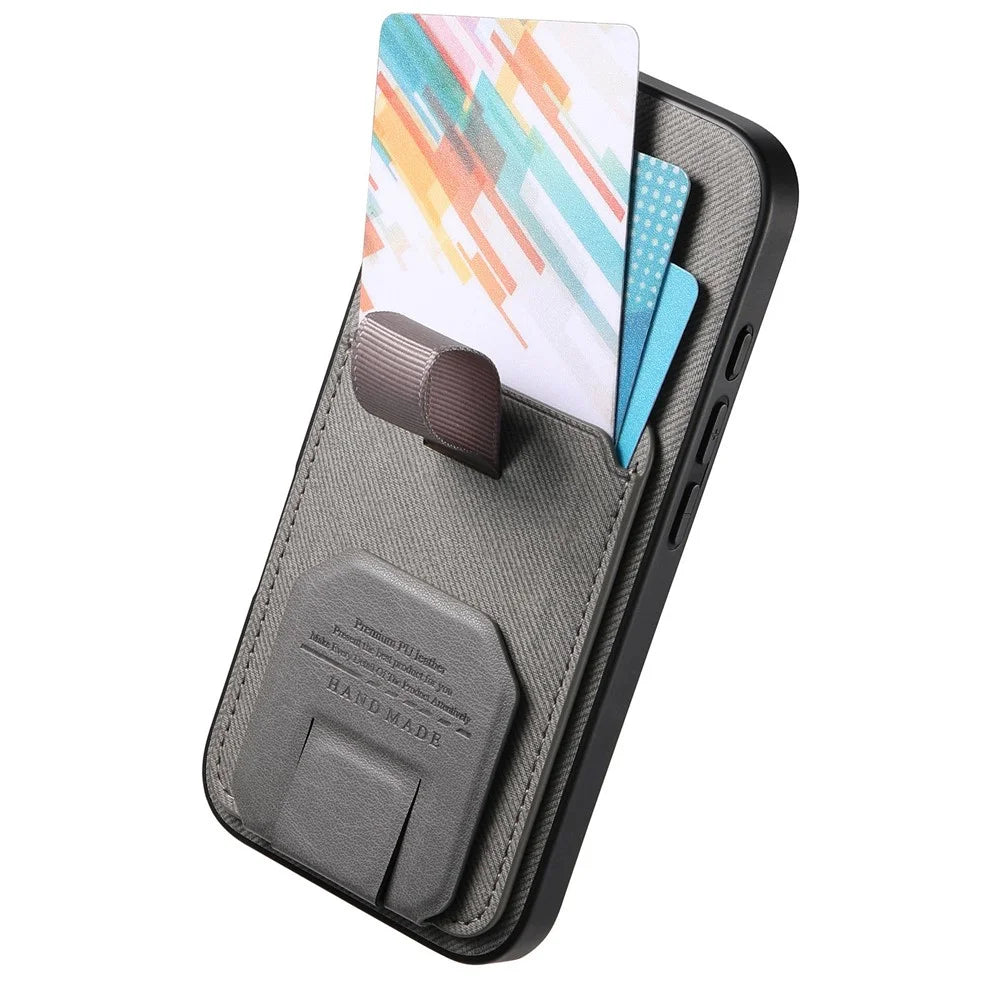 For iPhone Air Case Cloth Texture TPU PU Leather PC Phone Back Cover with Card Holder Kickstand - Grey - 3