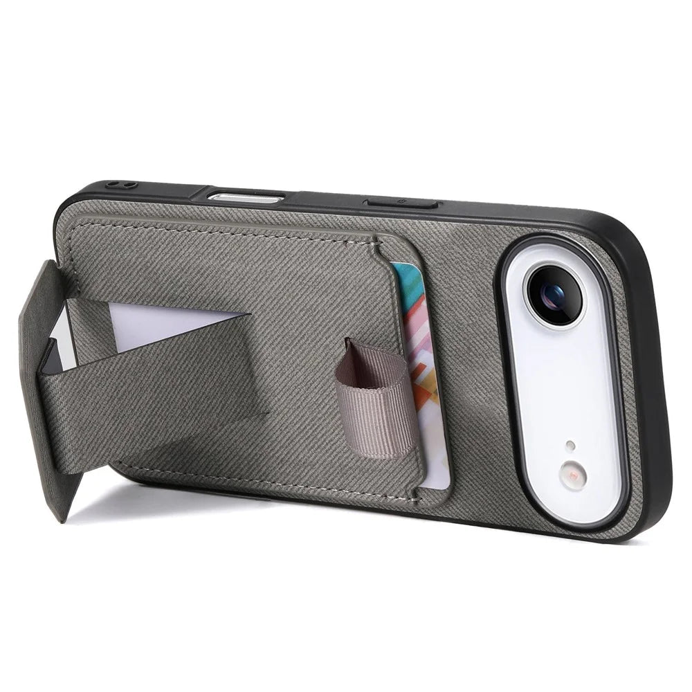 For iPhone Air Case Cloth Texture TPU PU Leather PC Phone Back Cover with Card Holder Kickstand - Grey - 4