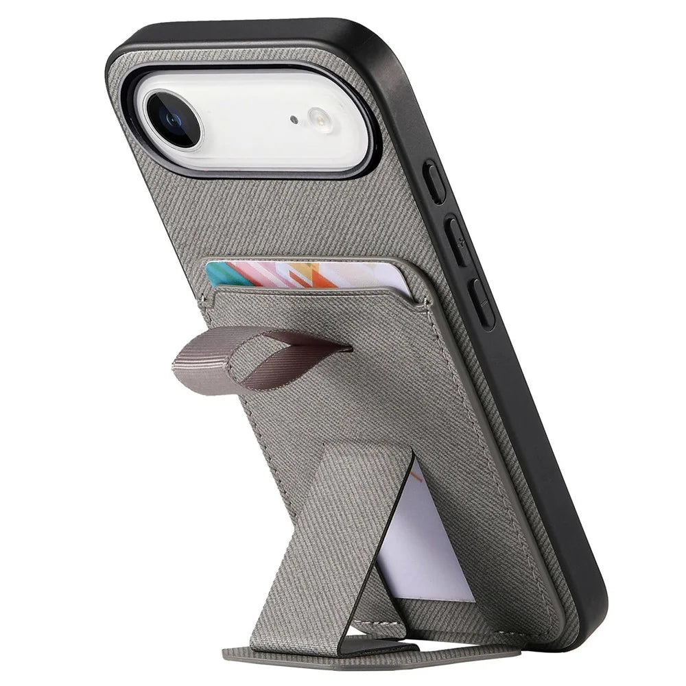 For iPhone Air Case Cloth Texture TPU PU Leather PC Phone Back Cover with Card Holder Kickstand - Grey - 5