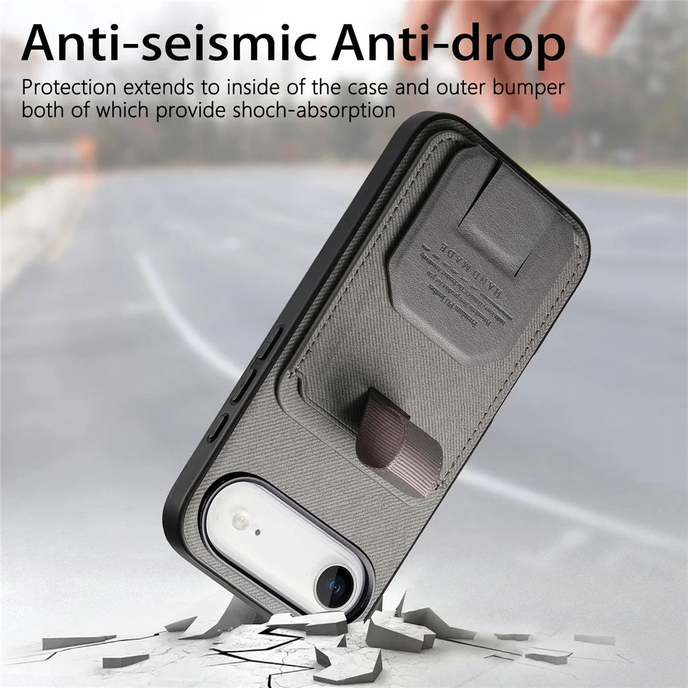 For iPhone Air Case Cloth Texture TPU PU Leather PC Phone Back Cover with Card Holder Kickstand - Grey - 6