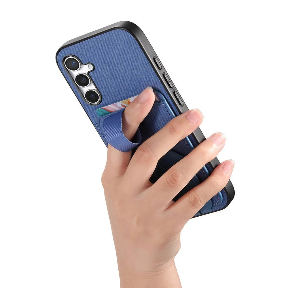 For Samsung Galaxy A56 5G Case Cloth Texture TPU PU Leather PC Phone Back Cover with Card Holder Kickstand - Blue - 6