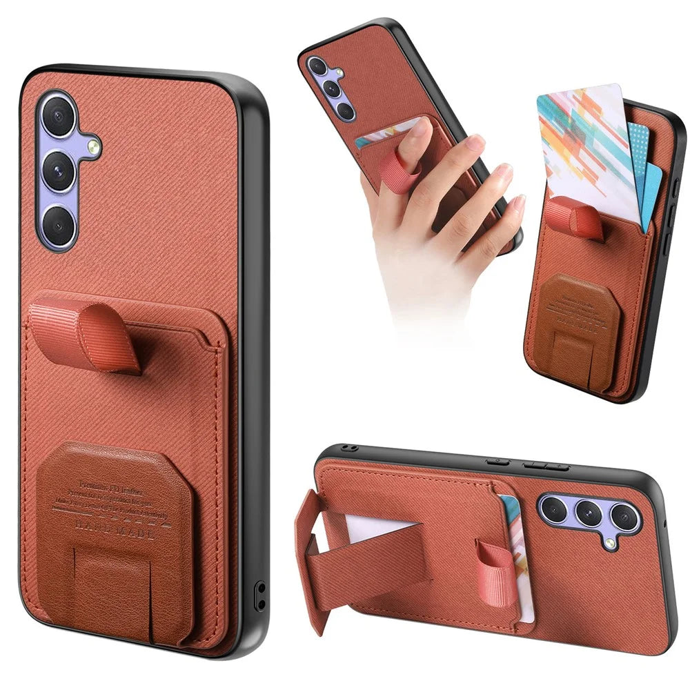 Phone Case For Samsung Galaxy A16 5G  /  4G Cloth Texture TPU PU Leather PC Phone Back Cover with Card Holder Kickstand - Brown - 1